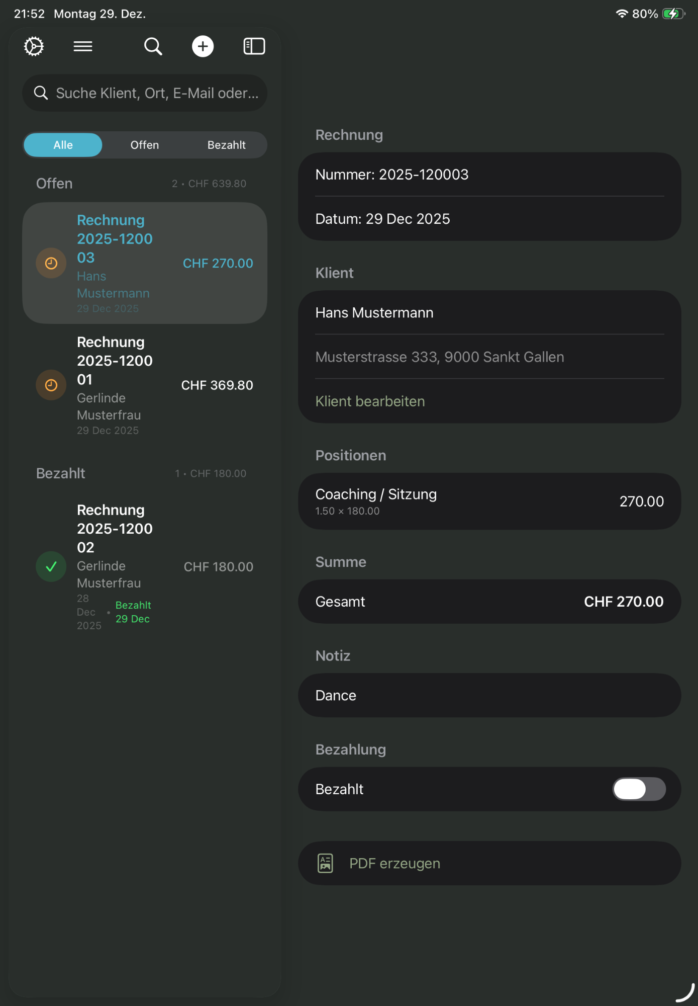 LinFakt Rechnungsübersicht